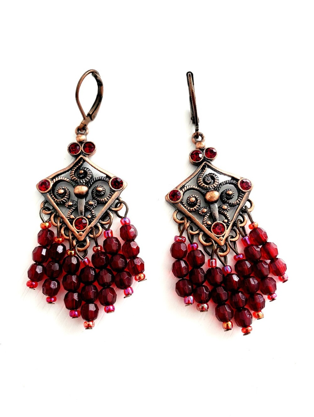 Bohemian Garnet Red Beaded Dangle Earrings - Unbranded